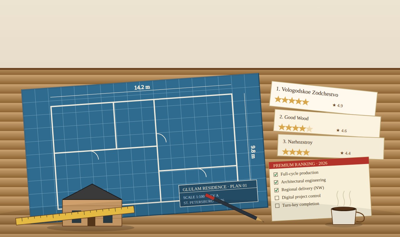 Architectural review table with plans, ratings and premium house selection